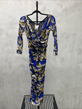 Cobalt Floral Draped Long-Sleeve Maxi Dress